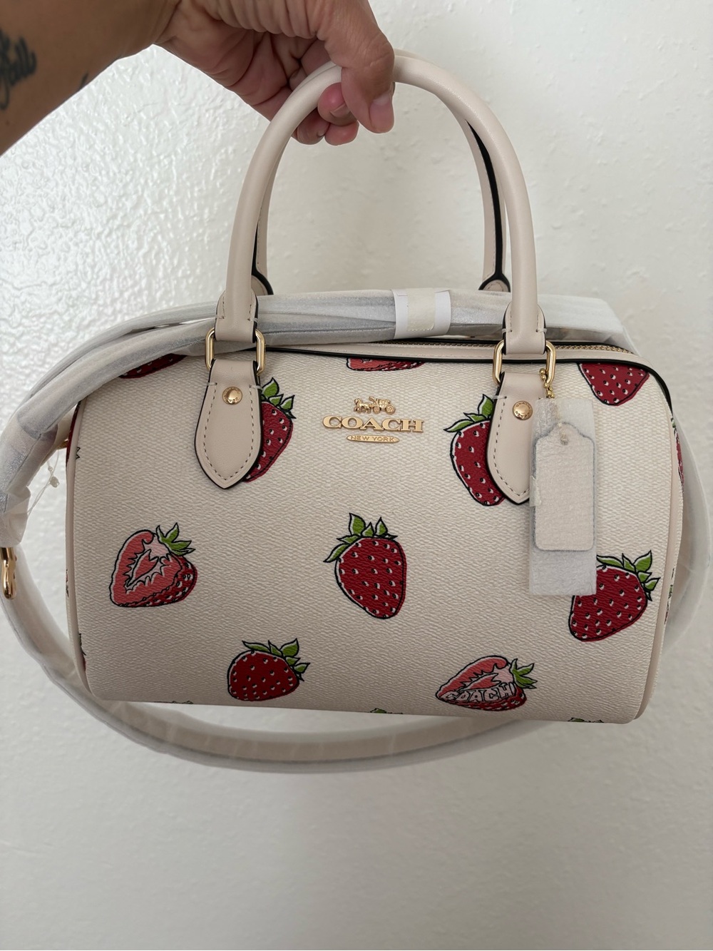 COACH Cream Mini Satchel with Red Strawberry Print